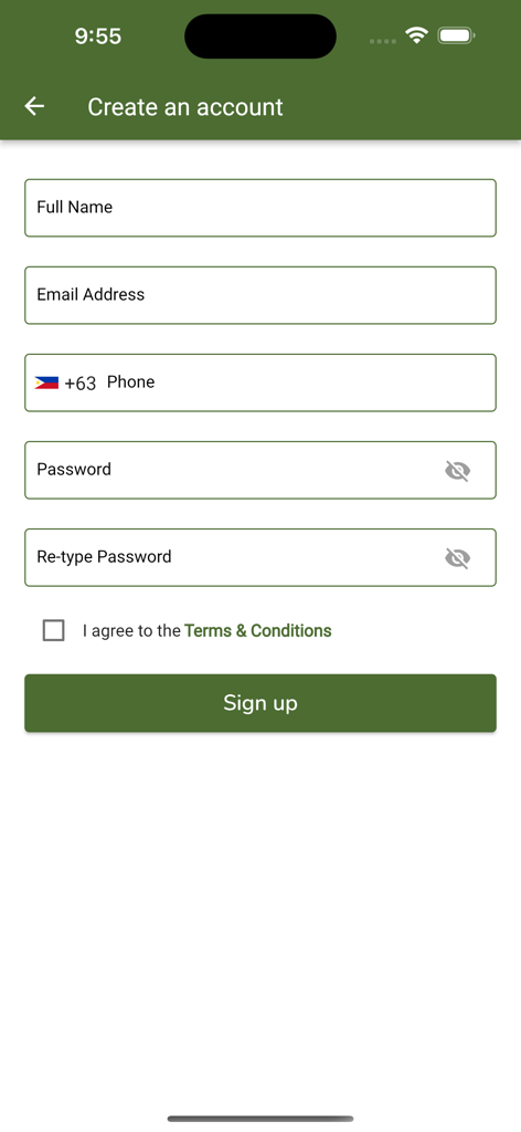 Pantalla de registro de la aplicación móvil Backride Pinas con campos para nombre, correo electrónico, teléfono y contraseña
