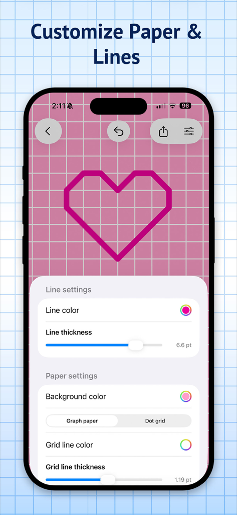 Graph Paper Pro - Interfaz de la aplicación Graph Paper Pro que muestra opciones de personalización para el grosor de línea, el color de la cuadrícula y la configuración del fondo con un dibujo de corazón geométrico.