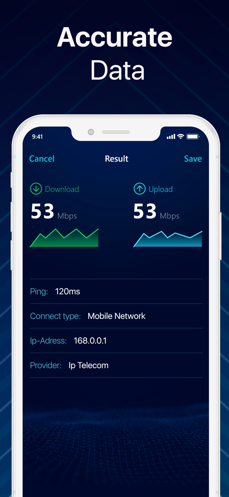 WIFI & Internet Speed Test - Mobile App-Oberfläche mit Internet-Geschwindigkeitstest-Ergebnissen mit Download- und Upload-Geschwindigkeiten von 53 Mbit/s und einem Ping von 120 ms