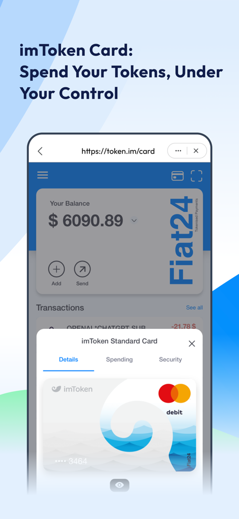 imToken: BTC & ETH Wallet - Interfaz de la aplicación imToken mostrando la Mastercard de imToken para gastar criptomonedas