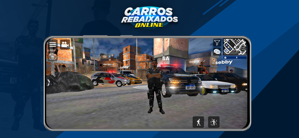 Carros Rebaixados Online - Gameplay screenshot of players gathering with customized cars for a digital car meet in an urban environment