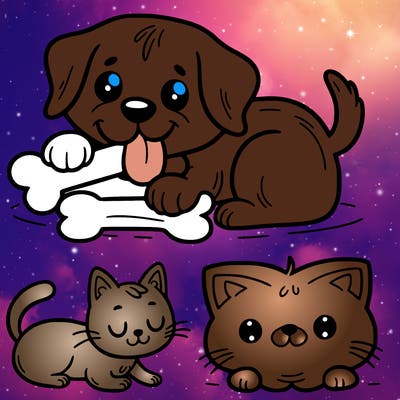 cute dog eating a bone, a dog bone that's laying next to a cat and the cat is laying next to the cat and that cat is laying next to a dog