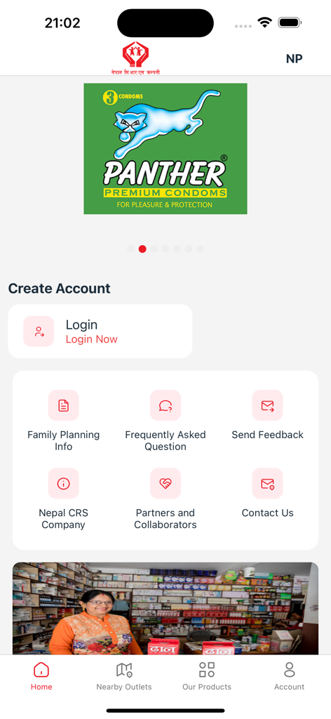 Meri Sangini - Pantalla de inicio de la aplicación Meri Sangini que muestra el menú de planificación familiar y los recursos de anticoncepción