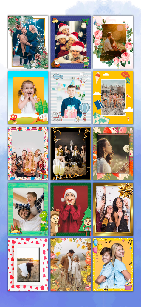 A collection of diverse photo frames for holidays, birthdays, and social media stories.