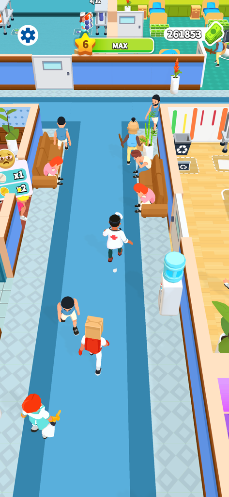 Gameplay screenshot of Doctor Hero showing a doctor in a hospital hallway with patients waiting