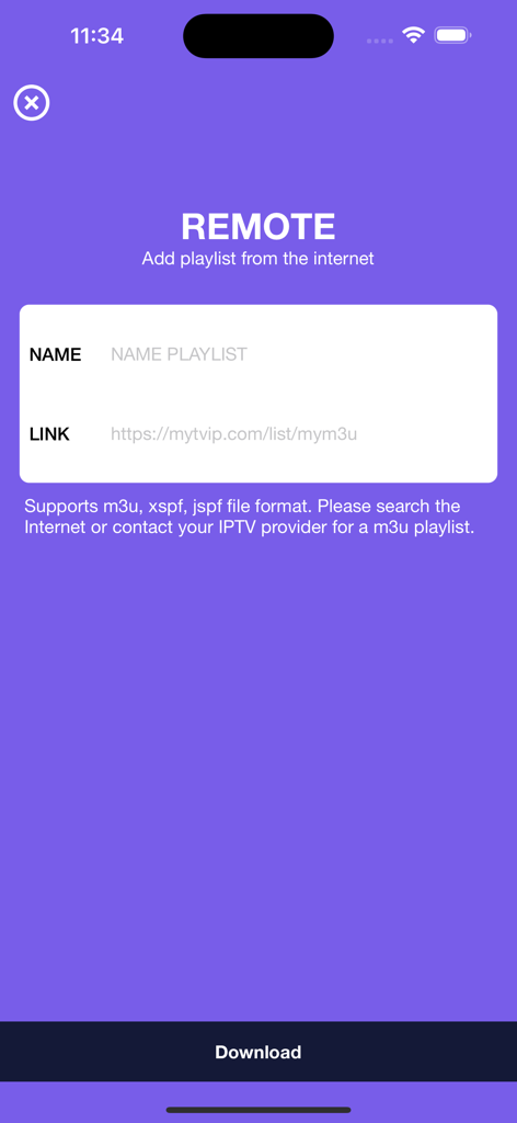 Interfaz para agregar una URL de lista de reproducción IPTV remota y un nombre en la aplicación My IPTV Player
