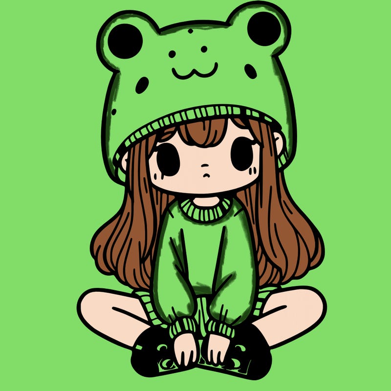 a girl wearing a frog hat and some frog socks