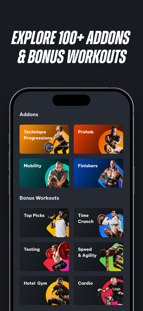 Peak Strength - Peak Strength app screen showing training addons and bonus workout categories including mobility prehab speed and agility