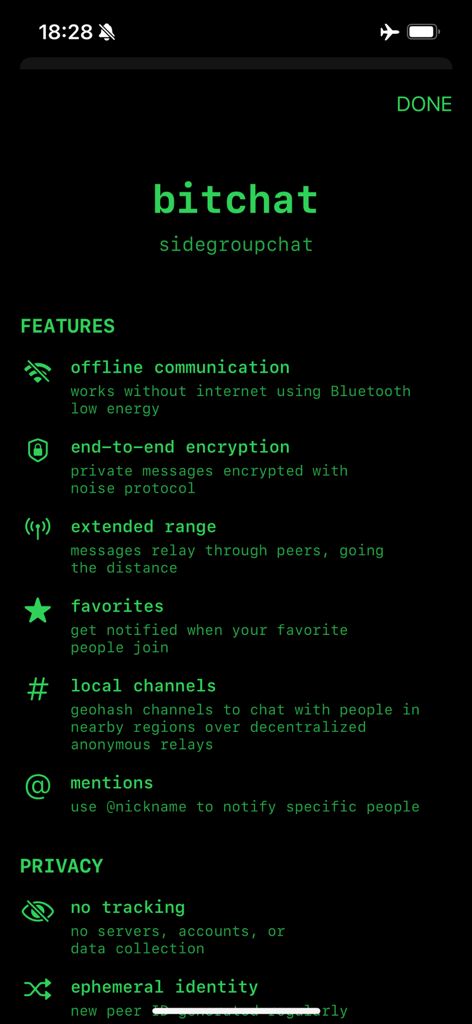 Écran affichant les fonctionnalités de l'application bitchat mesh, y compris la communication hors ligne, le cryptage de bout en bout et les paramètres de confidentialité