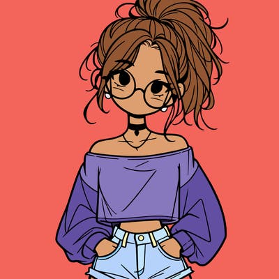 girl with a messy ponytail glasses a baggy crop top and jean shorts