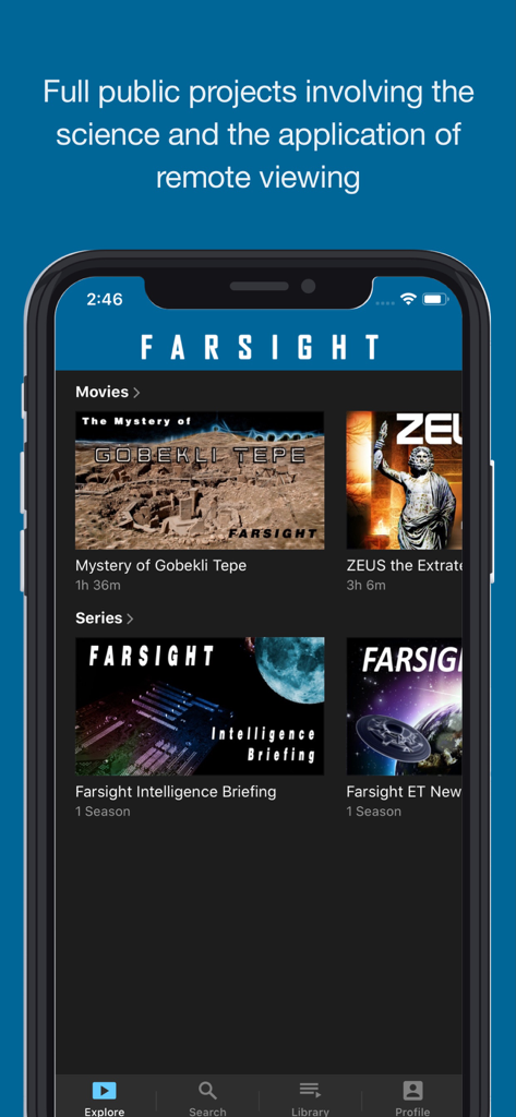 FARSIGHT TV - Écran de l'application mobile Farsight TV montrant des films et des séries sur la vision à distance et les mystères anciens