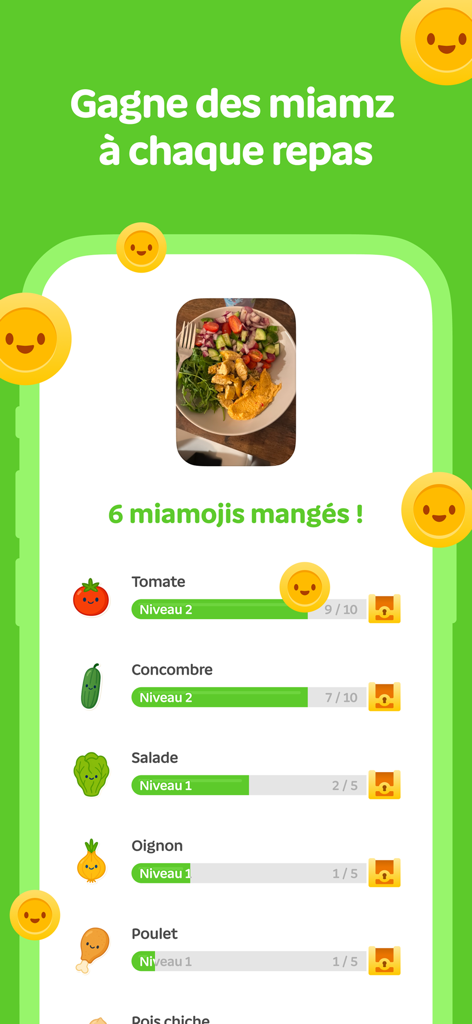 Miamworld app interface showing identified food ingredients from a meal photo to earn rewards.