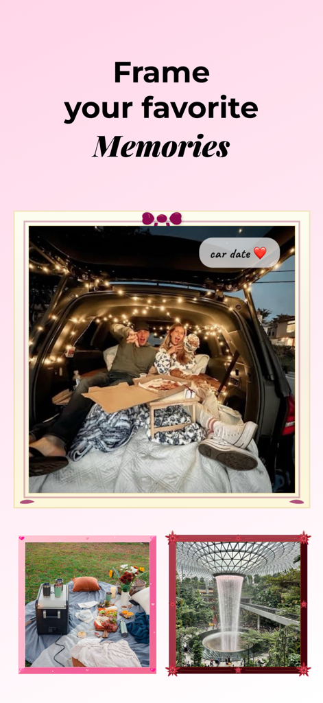 Bonded Together - A mobile app screen titled Frame your favorite Memories showing a digital photo gallery of a couple's car date and picnic moments in decorative frames.