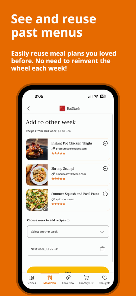 EatStash app interface showing how to reuse past recipes and meal plans for future weeks.