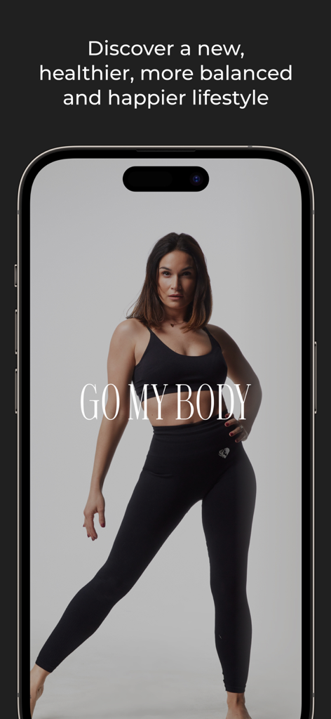 Go my body - Una mujer con ropa deportiva negra posando para la pantalla de introducción de la aplicación de fitness Go My Body con texto motivacional sobre un estilo de vida saludable