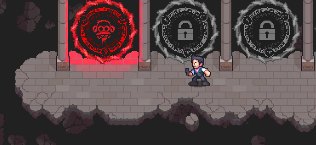 Super Dark Deception - Personagem em pixel art na frente de um portal vermelho brilhante e dois portões trancados