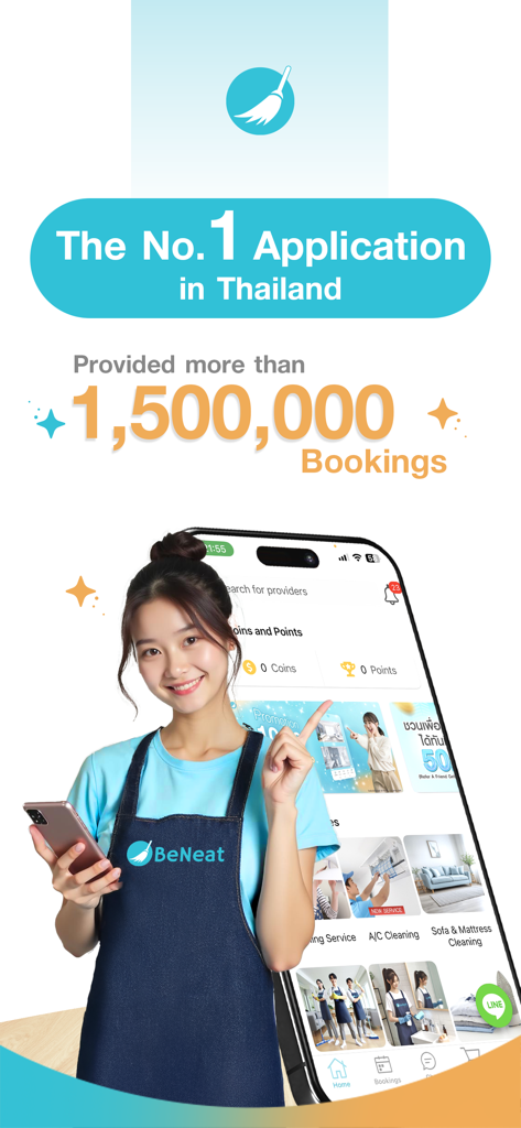 BeNeat - แม่บ้านออนไลน์ - 清掃サービスアプリのインターフェースを手に持つBeNeatのプロの清掃員、150万件以上の予約が表示されています