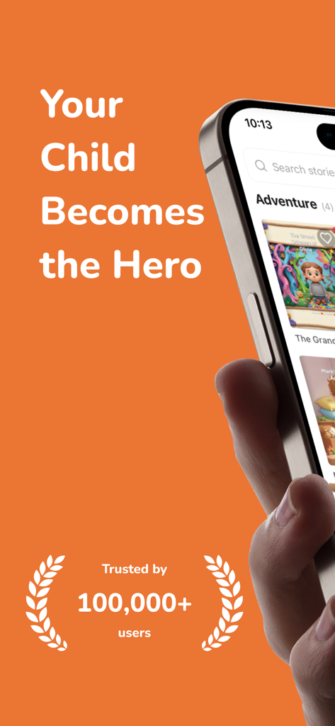 Kids Story Books - KidTeller - KidTeller 앱 인터페이스가 iPhone에서 '우리 아이가 영웅이 됩니다'라는 문구와 100,000명 이상의 사용자 신뢰 배지가 표시됩니다.