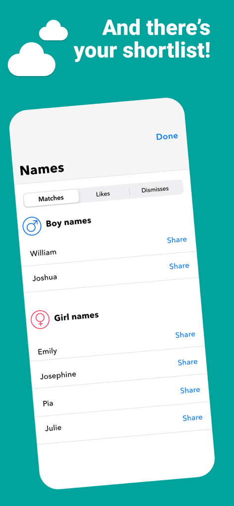 Kinder - Find Baby Names - A shortlist screen in the Kinder app displaying matched boy and girl names between partners.