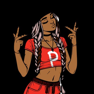 realistic teenage girl with braids and a beanie and crop top doing 🫶🏼