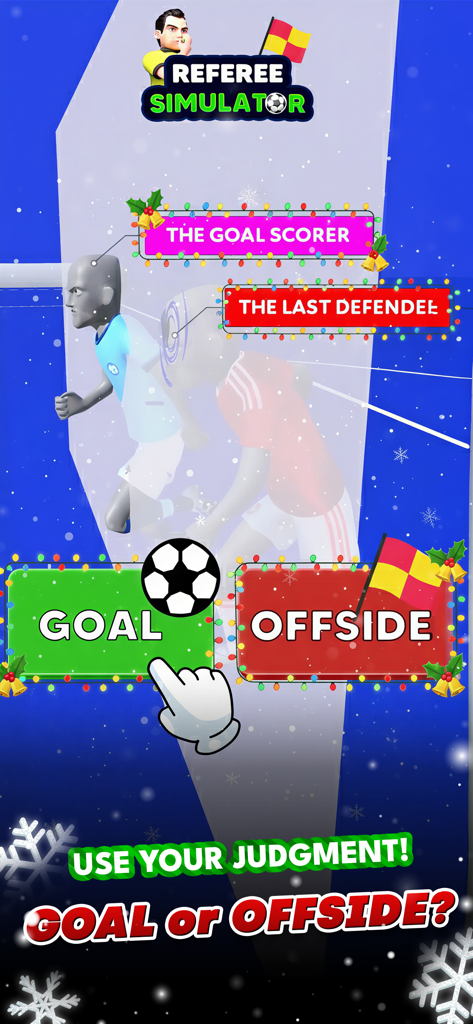 Gameplay screen of Referee Simulator 3D showing a soccer offside decision challenge with goal and offside buttons.