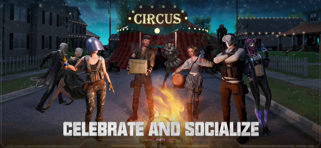 Diverse game characters in unique outfits gathered around a campfire in front of a circus tent with the text celebrate and socialize