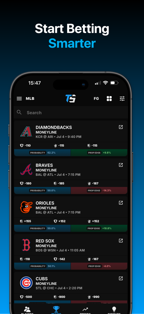 Toad Sports - Betting Research - 두꺼비 스포츠 모바일 앱 화면이 통계 확률 및 우위 계산과 함께 MLB 머니라인 배당률을 표시합니다