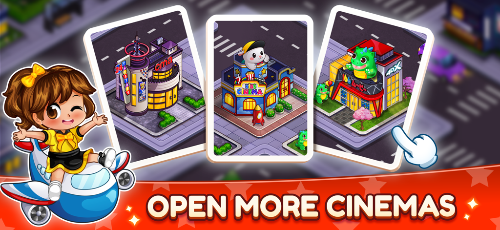 Cinema Panic 3: Cooking Game - おもちゃの飛行機に乗ったカートゥーンの女の子が3つの異なる映画館のデザインと「さらに映画館を開く」というテキストを表示しています