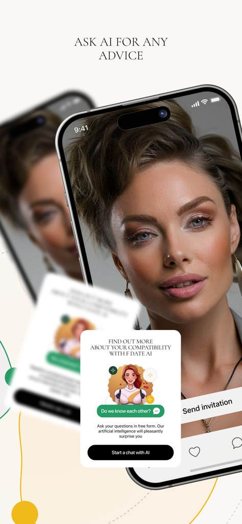 F date&eat - iPhone screen showing F date and eat app with an AI assistant popup for checking compatibility and starting a chat.