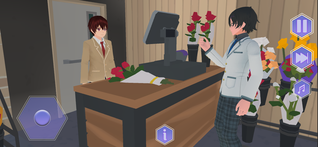 Anime School Simulator Life 3D - A 3D anime boy character at a flower shop counter buying roses in Anime School Simulator Life 3D