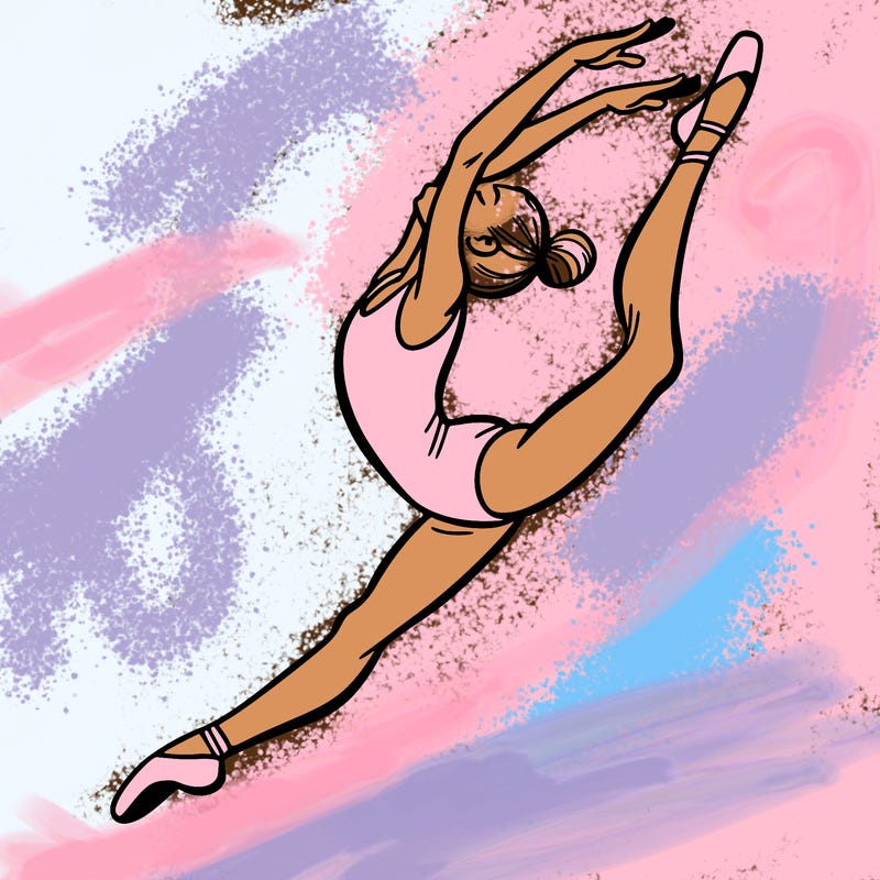 gymnast doing a leap in a leotard with a bent back leg