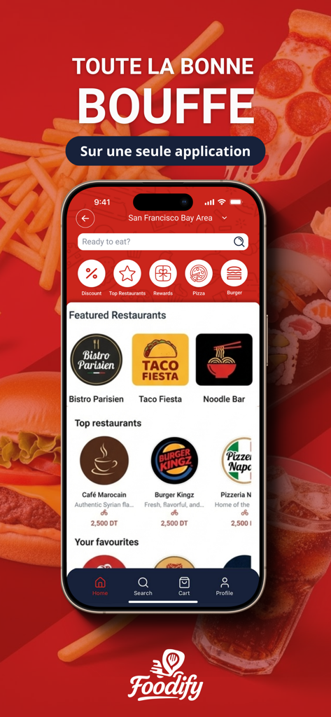 Foodify Delivery - Foodify Delivery app interface on an iPhone showing featured restaurants and food categories like pizza and burgers