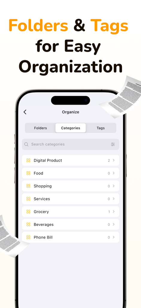 Receipto: Tax Receipt Scanner - Interface of Receipto app displaying folders and tags for categorizing scanned receipts