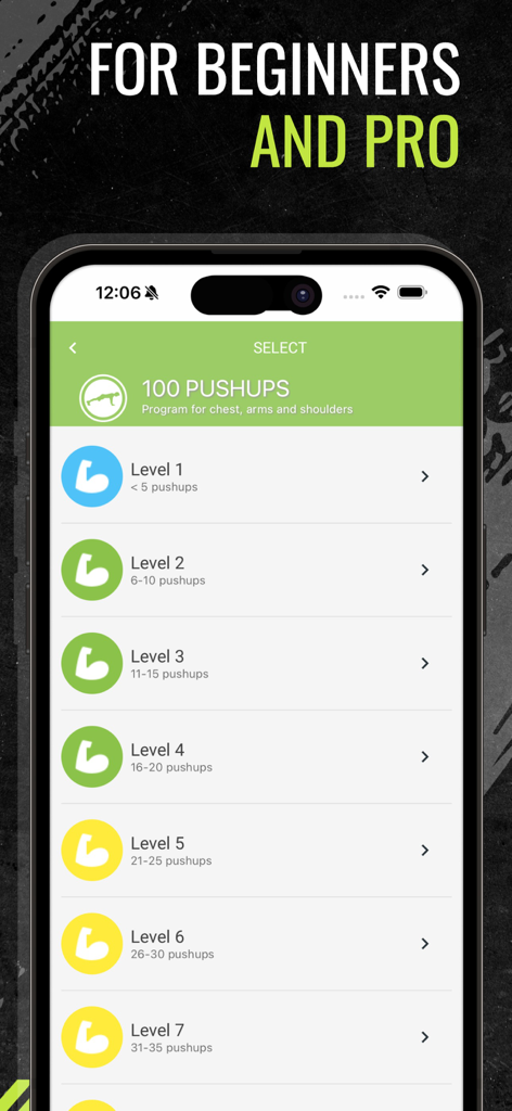 100 Pushups Be Stronger - Level selection screen for beginners and pro athletes in the 100 Pushups Be Stronger app.