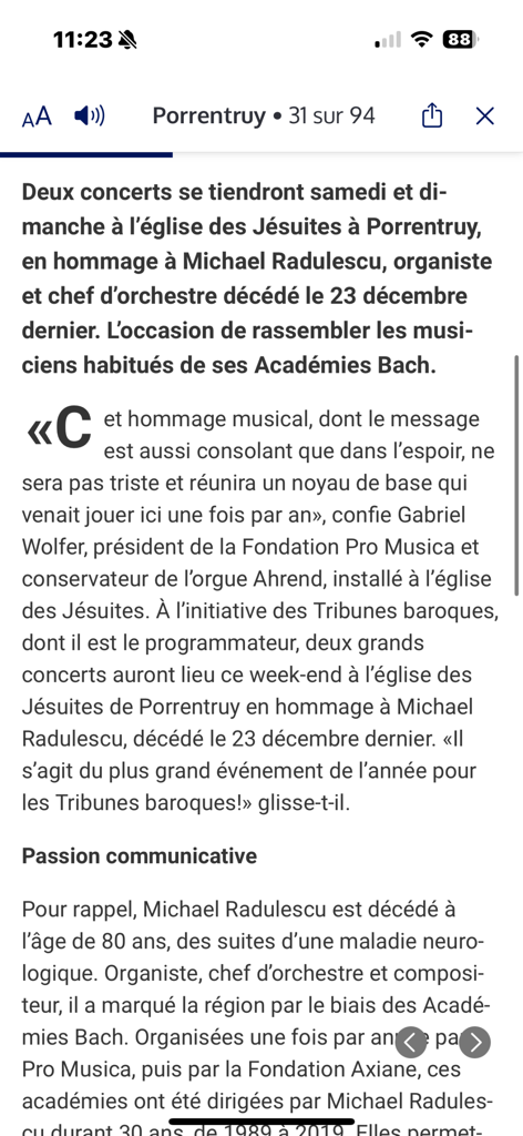 Le Quotidien Jurassien - Digitale Lesansicht eines Nachrichtenartikels über ein Tributkonzert in Porrentruy auf der mobilen App Le Quotidien Jurassien