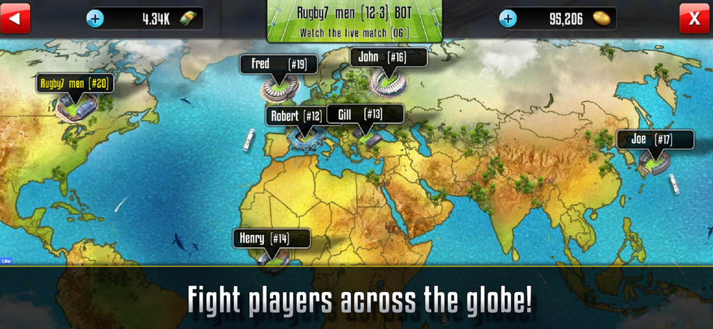 World map showing player locations and stadium rankings across the globe in Rugby Sevens Manager.