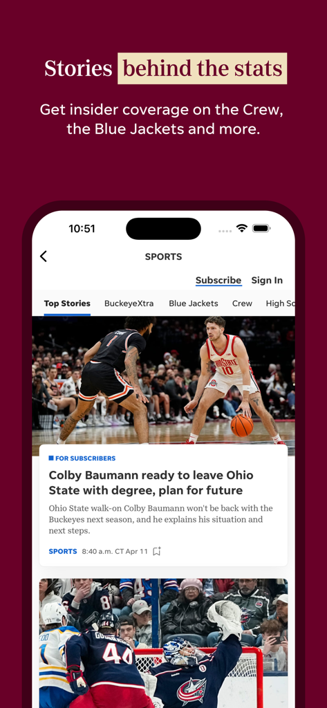 Columbus Dispatch app sports section featuring local coverage of the Blue Jackets and Ohio State