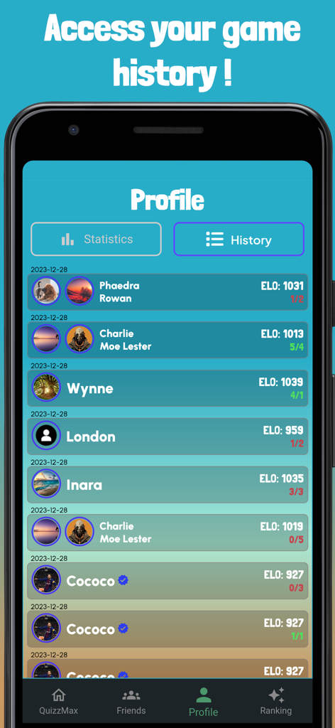 QuizzMax -The Multiplayer Quiz - Screenshot der QuizzMax Spielhistorie mit Gegnernamen und ELO-Bewertungen.