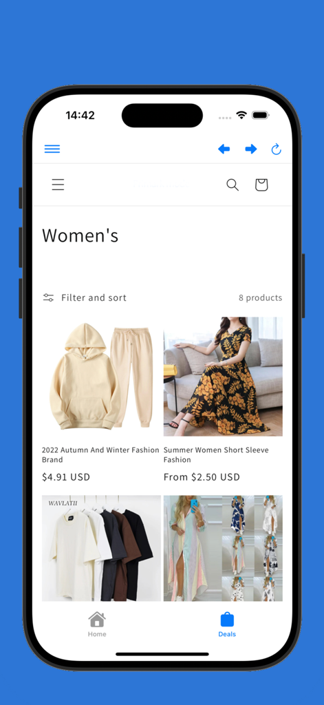 Pantalla de aplicación móvil que muestra una colección de artículos de moda femenina que incluyen un conjunto de sudadera y un vestido floral con precios económicos.