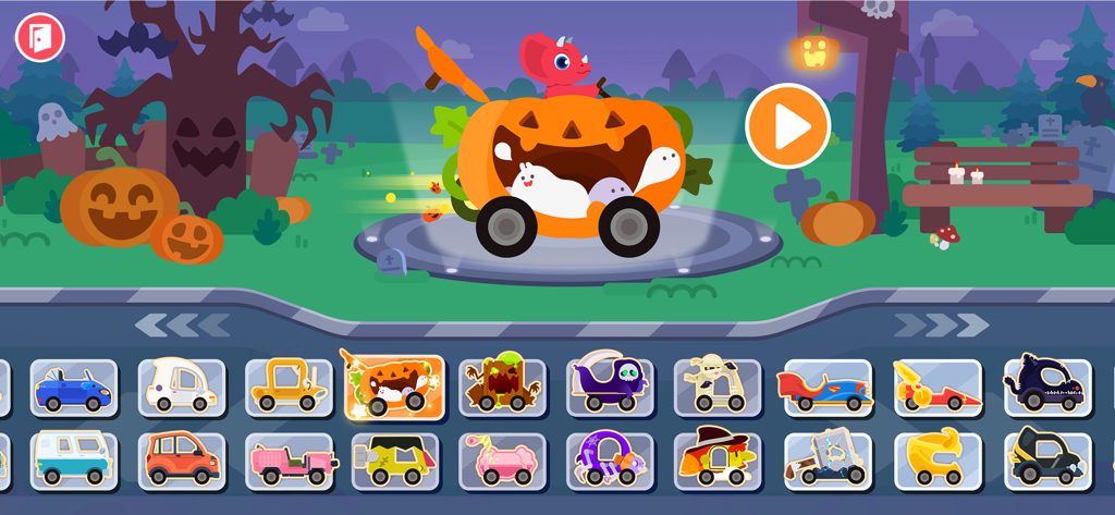 Dinosaur Car games for kids - Dinosaur driving a pumpkin car in a spooky Halloween themed vehicle selection menu