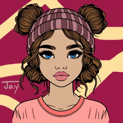 realistic girl with buns in her hair with a beanie on