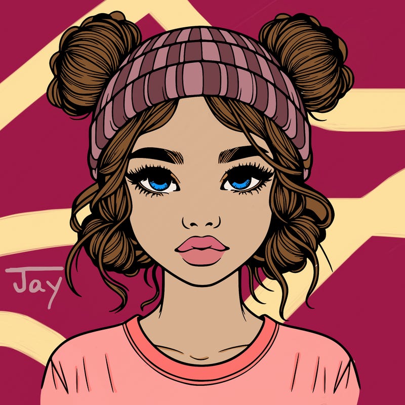 realistic girl with buns in her hair with a beanie on