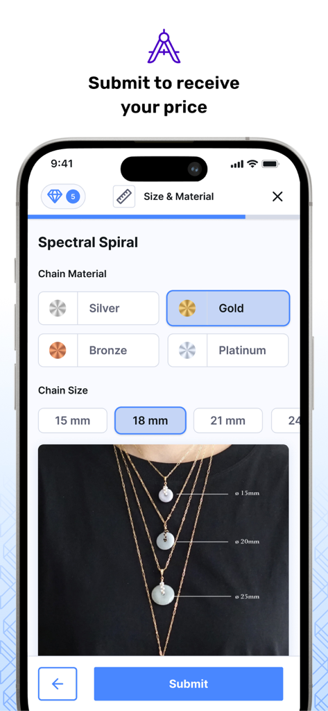 ARQ Jewelry Design - Interfaz de diseño de joyería personalizada que muestra opciones de material y tamaño para un collar con una guía visual de tallas en una modelo