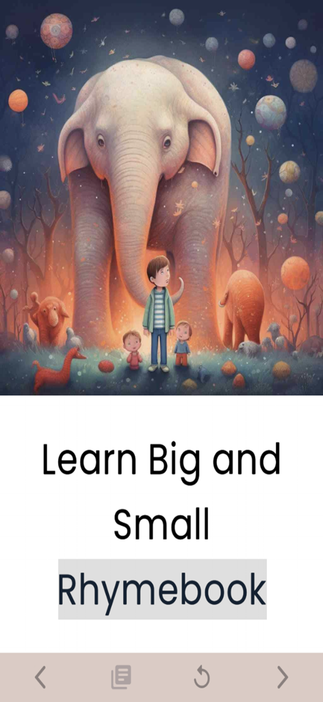 Children's Books Read Aloud - Illustration of a giant elephant and children for teaching big and small concepts in a kids rhymebook app
