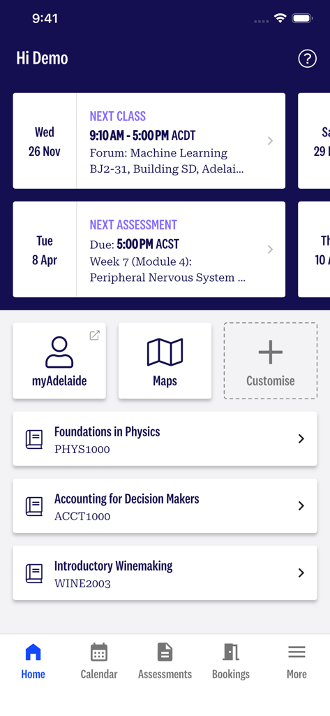 Adelaide University student app dashboard showing next class, upcoming assessments, and current course list