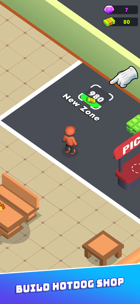 A character in an orange outfit standing in a new zone area to unlock a new hotdog shop location