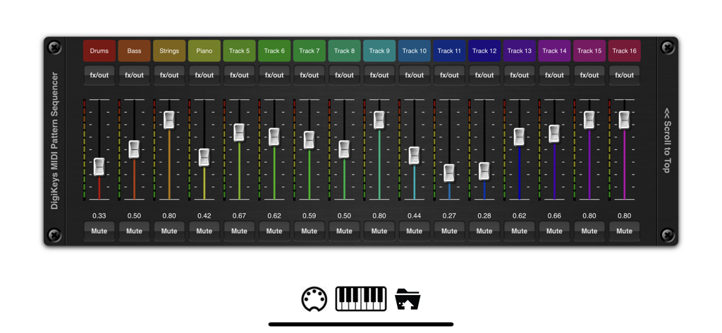 DigiKeys AUv3 Sequencer Plugin - Interface do mixer MIDI de 16 canais do plugin sequenciador DigiKeys com faders e botões de mudo