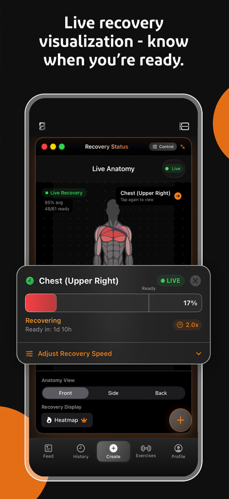 Built Workout - モバイルアプリインターフェース。ライブ筋肉回復ステータスと解剖学ヒートマップ追跡を表示