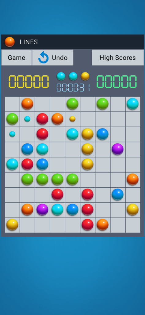 Gameplay of Color Lines 98 classic balls puzzle on a grid with colorful spheres