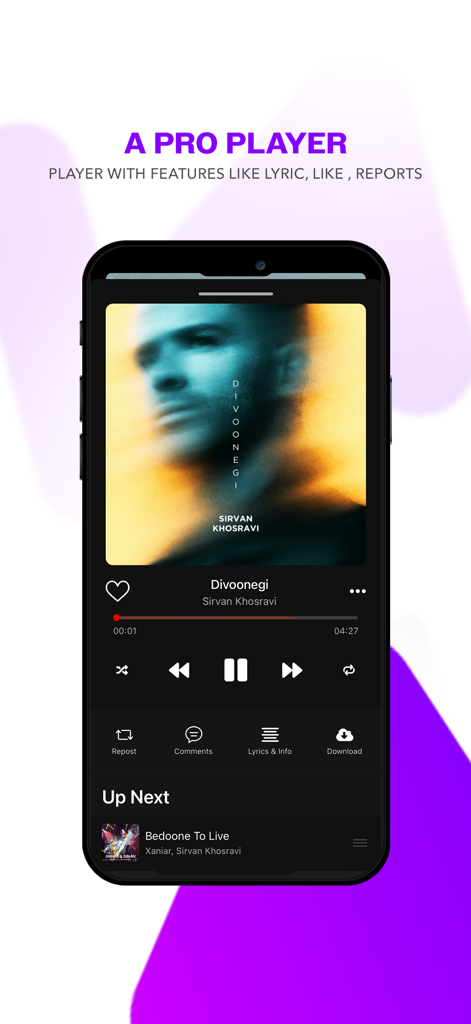 Karizo - Karizo app pro music player interface featuring lyrics, likes, and social engagement icons in dark mode